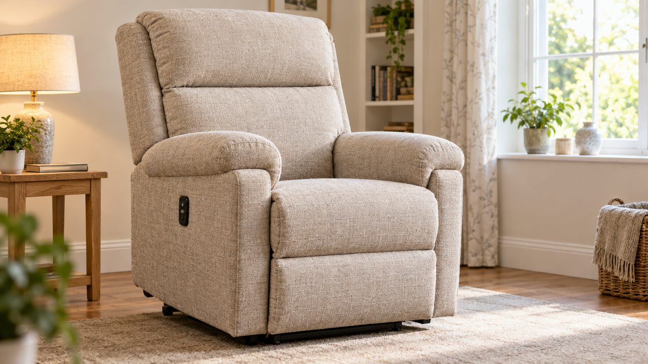 Heavy-duty riser recliner chair with a slightly wider seat in a bright living room