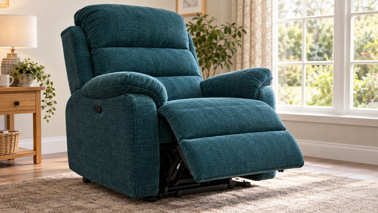 Wide-seat bariatric riser recliner chair in teal fabric with the footrest raised