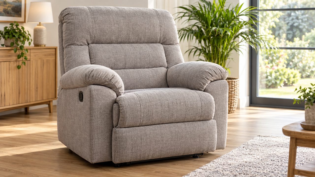 Extra-wide bariatric riser recliner chair in dove grey fabric in a spacious living room