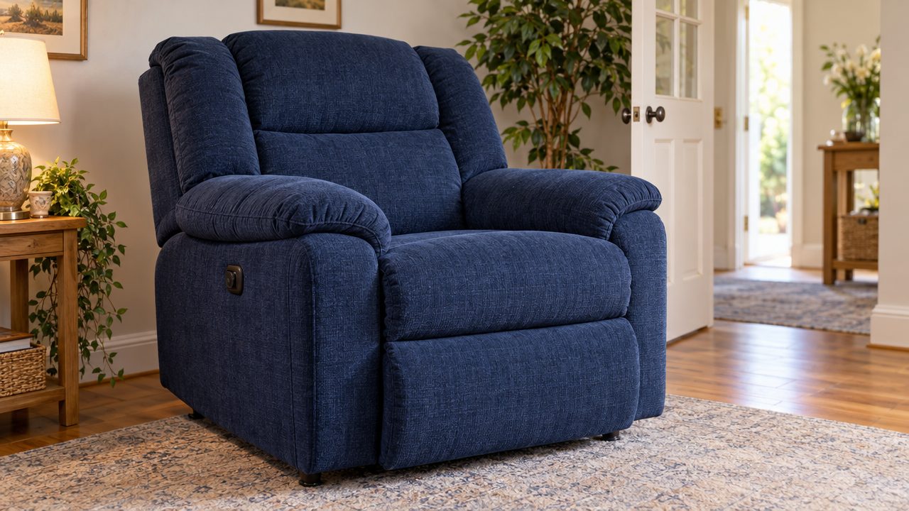 Robust bariatric riser recliner chair in navy fabric beside a doorway