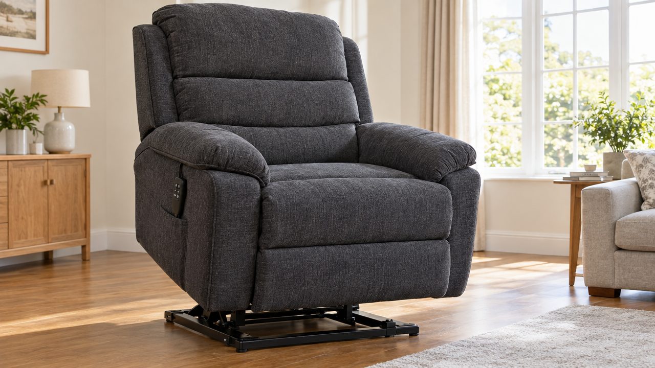 Large specialist bariatric riser recliner chair with a heavy-duty base in a bright room