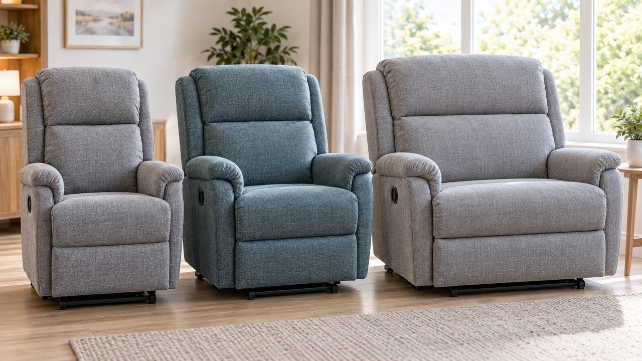 Three heavy-duty riser recliner chairs of increasing seat width in a bright living room