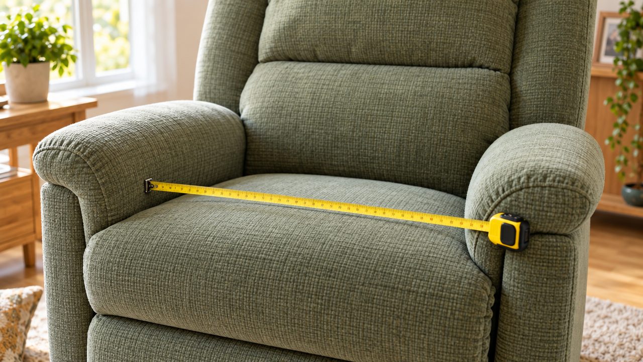 Tape measure stretched across the seat of a riser recliner chair