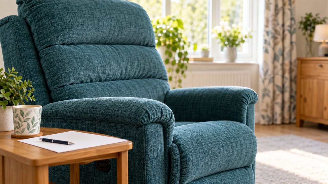 Teal riser recliner chair beside a side table with a blank form and pen